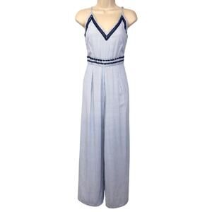 Japna Trendy Blue White Stripe Jumpsuit Dainty Embroidery Wide Leg Palazzo Style